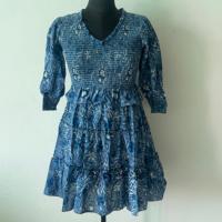 Robe mini smockée en coton tissé 100 % pour femme, imprimée à la main, style bohème, à volants, taille naturelle, motif floral mignon, manches bouffantes, été