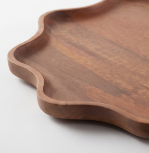 Plateau de service en bois en forme de fleur, en bois de manguier foncé, plateau décoratif avec un design à contour festonné, vente en gros - Product Image 2