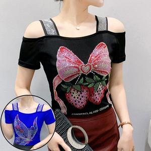 Camiseta de manga corta con lentejuelas y pedrería para mujer, top sexy para discoteca, negro, azul, de verano, tejido transpirable, cuello redondo - Product Image 5