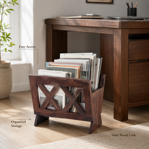 Porte-revues en bois massif artisanal, organiseur de journaux et de livres autoportant écologique pour le rangement à la maison, au bureau ou dans le salon - Product Image 4