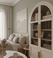 Meuble de rangement rectangulaire moderne en bois d'hévéa et placage de chêne, éco-responsable, 4 compartiments, pour salon et salle à manger, avec portes à battants