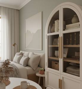 Meuble de rangement arqué en bois d'hévéa et placage de chêne, éco-responsable, 4 compartiments, pour salon, mobilier moderne pour la maison - Product Image 2