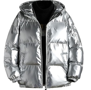 <b>Mens</b> Glossy Silver Hoodie Puffer <b>Jacket</b> Shiny Hooded Insulated Winter Warm Padded Outerwear Zipper Closure Bubble Glossy <b>Jackets</b> - Product Image 1