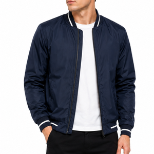 Classic Men's Navy Blue Bomber <b>Jacket</b> White Striped Ribbed Collar Cuff Hem Casual <b>Zip</b> <b>Up</b> <b>jacket</b> - Product Image 1