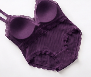 Women's Purple Wire-Free Bra And Hipster <b>Panty</b> Set With Lace Trim Mid-Rise Knitted Spandex Underwear - Product Image 2