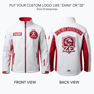 เสื้อแจ็คเก็ตซอฟต์เชลล์โพลีเอสเตอร์ 220 GSM สีขาวแดงตัดต่อแผงด้านหน้า รับผลิตแบบ OEM ODM - Product Image 1