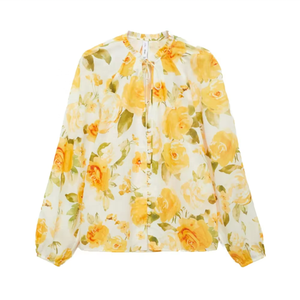 Chemisier en mousseline tissé à imprimé floral jaune pour femme, à manches longues et col chemise, respirant et écologique pour le quotidien - Product Image 6