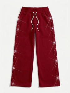Pantalon large rouge pour femme, coupe ample, en tissu éponge, décontracté, pour l'automne, couleur unie, taille élastique avec cordon de serrage et strass - Product Image 1
