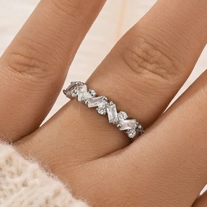 925 Moissanite Half Round Cut & Emerald Cut Wedding Band In Sterling <b>Silver</b> Yellow & White Gold Plated Moissanite <b>Ring</b> for Sale. - Product Image 1