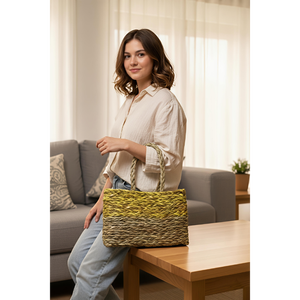 Handwoven <b>Rectangular</b> Grass <b>Basket</b> with Festive Trim and Handle (Yellow) Eco-Friendly Stylish <b>Storage</b> From Orissa - Product Image 4