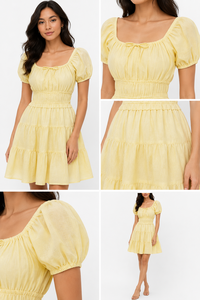 Bulk Women Summer Sundress-100% Cotton Handmade Elegant Puff Sleeve Square Neck <b>Ruffled</b> Tiered Mini <b>Dress</b> for Trendy Casual - Product Image 4