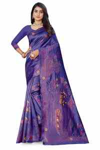 Sari indien traditionnel en soie bleu et violet avec broderies florales Zari, idéal pour les mariages, les fêtes et les festivals, coupe classique pour femme, longueur au sol. - Product Image 3