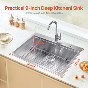 Lavello da cucina da 30 pollici in acciaio inossidabile 304, a montaggio superiore, a vasca singola, stile Farmhouse, con bordo e design a incasso, monoforo, per laboratorio - Product Image 2