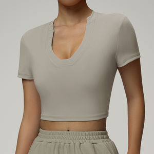 Camiseta Deportiva Personalizada para Mujer, Color Nude Sólido, Cómoda, Suave, Ajustada, Cuello en V, Manga Corta, para Fitness, Yoga, Gimnasio - Product Image 5