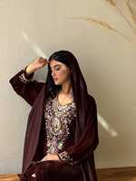 Robe Kaftan Modeste pour Femme en Velours Perlé Fait Main, Col Montant, Manches Longues, Ourlet Évasé, Longueur Ras du Sol, Grande Taille, Couleur Unie, Style Ethnique Moyen-Oriental