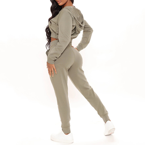 Women Olive Green Hooded Tracksuit Set Full Sleeve <b>Zipper</b> Crop <b>Top</b> With Drawstring Pants Casual Autumn Wear - Product Image 2