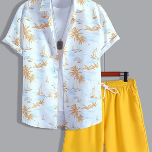 Men's Casual Summer Shirt 300Grams Breathable Anti-Pilling Satin Fabric Short Sleeve Floral Printed Design satin 100% polyester - Product Image 2