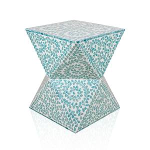 Table artisanale en coquille de nacre Capiz bleu sarcelle et blanc, design carré sablier, incrustations de nacre, mobilier de salon, fabrication vietnamienne - Product Image 1