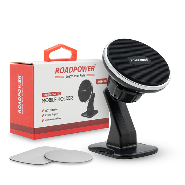 Roadpower (RP-MH-524-BK) Magnetic Metal Car Phone Holder 360 Rotation Ultra-Strong Magnet Dash Mount Includes Square Metal