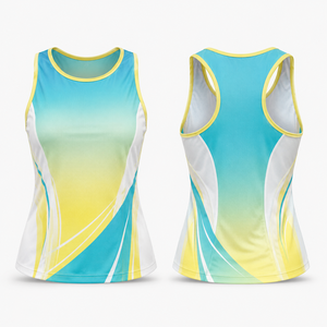 Camiseta sin Mangas MEGAMAPLE para Mujer, con Bloques de Color Azul, Amarillo y Negro, Cuello en V, Secado Rápido, Deportiva, Tejida, con Estampado por Sublimación, 100% - Product Image 1