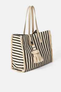 Sac fourre-tout en toile rayée avec pompon, style bohème, ouverture supérieure, sac à bandoulière pour femme, pour le shopping et l'usage quotidien, 100% toile de coton - Product Image 2