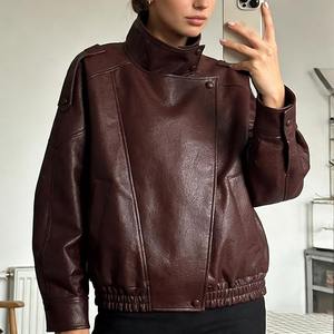 Chaqueta Bomber de Cuero Borgoña para Mujer, Estilo Vintage Oversize, Cuello Alto, Chaqueta Moto con Hombros Caídos, Ropa de Abrigo para Otoño e Invierno, EE. UU. - Product Image 4