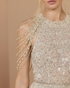 Robe de soirée longue en satin non extensible, coupe trapèze, col montant, asymétrique à une épaule, ornée de perles et brodée, couleur champagne, pour l'été - Product Image 1