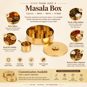 Handcrafted Brass Spice Box Masala Dabba Container Organizer Set Lotus Knob Lid Carved Spoon Indian Kitchen <b>Storage</b> Round Golden - Product Image 4