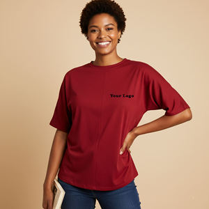 Nouveau t-shirt pour femme, col rond, manches courtes, rouge, coupe ample, couleur unie, décontracté, en coton tricoté, respirant, toutes saisons - Product Image 4
