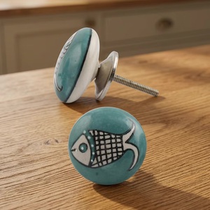 <b>Ceramic</b> Cabinet <b>Knobs</b> Round Teal Fish Design Modern Kitchen <b>Drawer</b> Pulls Durable Furniture Handles for Hotel and Home Office - Product Image 1