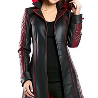 Jas Trench Kulit Gothic Dua Warna Hitam Merah untuk Wanita dengan Tudung, Model Panjang Berlapis, Gaya Steampunk, Laris