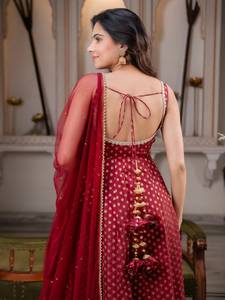 Designer Party Wear Chanderi Jacquard Butti Anarkali Set With Pant And Dupatta Crafted For Comfort And Stitched With Grace - Product Image 3