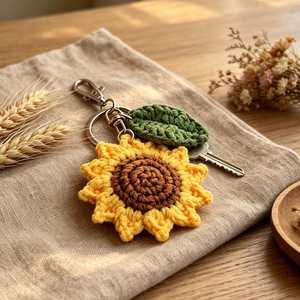 Porte-clés tournesol au crochet fait main, pendentif fleur tricoté en fil, breloque de sac portable, accessoire cadeau - Product Image 2
