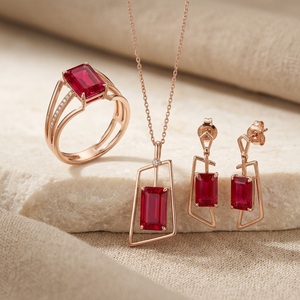 10K Solid Gold Natural <b>Ruby</b> Jewelry Set Geometric Ring Pendant <b>Necklace</b> and Stud Earrings Fine Jewelry - Product Image 3