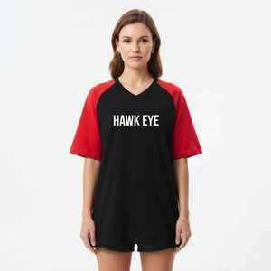 <b>Women's</b> Black Red Half Sleeve Oversized <b>T</b>-<b>Shirt</b> <b>V</b>-<b>Neck</b> Loose Fit Color Blocked Knitted Short Sleeve Regular Length - Product Image 3