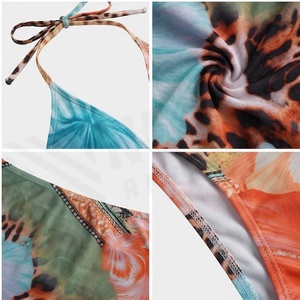 Ensemble bikini 2 pièces pour femmes, imprimé floral léopard, avec haut à bretelles et bas de jupe, maillot de bain extensible en spandex et polyester - Product Image 4