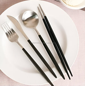 Classy Stainless Steel Silver and Black <b>Flatware</b> <b>Set</b> With Chopstick <b>Set</b> of 4 Wedding cutlery - Product Image 2