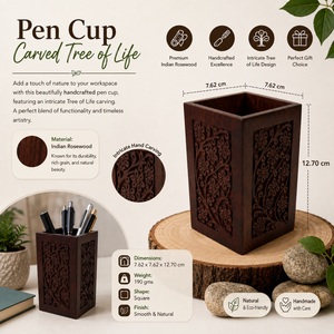 Handmade Indian Rosewood Pen Stand | Premium Floral Carved Desk Organizer | Lightweight Eco Friendly Stationery Holder Home - Product Image 5