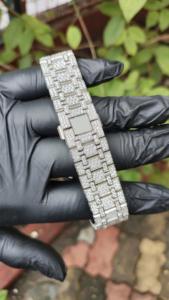 Montre automatique classique avec breloque sertie de pierres, boîtier et bracelet en acier inoxydable avec moissanite, design unisexe - Product Image 2