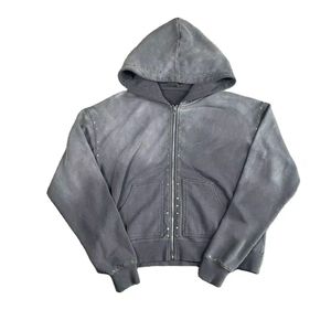 Men's Gray <b>Hooded</b> <b>Zip</b>-Up Sweatshirt Stonewashed Cotton French Terry Casual Regular Fit With Studs Detail Autumn Wear - Product Image 1