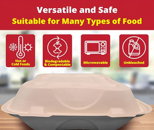 Contenedor de Alimentos Desechable de Bagazo, Ecológico, Biodegradable, Resistente a Fugas, Tipo Concha, con Bisagras, Apto para Microondas - Product Image 3