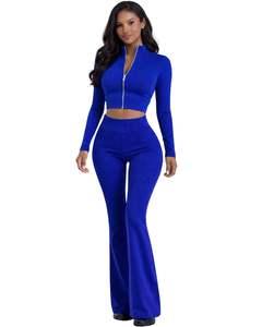 <b>Royal</b> <b>Blue</b> Women Two Piece Yoga Set Zip <b>Crop</b> <b>Top</b> And High Waist Flared Pants Stretch Fitness Gym Wear Custom Manufacturer OEMPro - Product Image 1