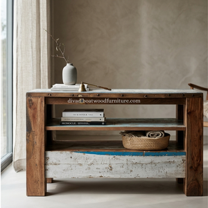 Sustainable Reclaimed Boat Wood TV <b>Cabinet</b> 1 Drawer 12cm Leg Solid Wood <b>Rustic</b> Recycled Timber Entertainment Unit Media Stand - Product Image 5