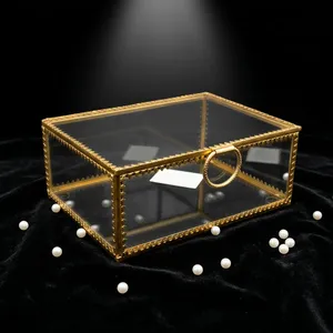 Artisan Design B79 Rectangular Glass Jewelry Box with Brass Frame and Ring Handle Modern Storage Organizer for <b>Bedroom</b> <b>Vanity</b> - Product Image 4