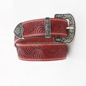 Nouvelle ceinture d'outillage en cuir occidental en relief avec conception de feuille sculptée à la main pour hommes et femmes avec ensemble de boucles en laiton antique de trois pièces - Product Image 6