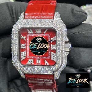 ICE LOOK นาฬิกาควอทซ์ทรงสี่เหลี่ยมหรูหราสายหนังสีแดงฝังเพชรตัวเรือนแสดงวันที่แบบอะนาล็อกสำหรับทุกเพศ 38 มม. - Product Image 5