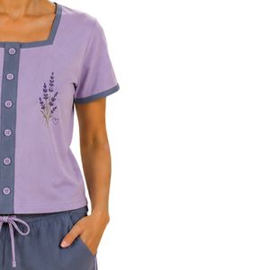 Conjunto de dos piezas de pantalones cortos para mujer, color lavanda y gris pizarra, top con cuello cuadrado y botones, estampado floral minimalista, ropa informal de verano de algodón para estar en casa - Product Image 4