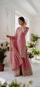 Pink Silk Traditional Indian Pakistani <b>Women</b> Floor-Length <b>Kurta</b> Set With Dupatta Regular Fit Ethnic Outfit All Seasons - Product Image 3