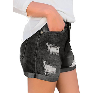 Shorts de mezclilla de cintura alta para mujer, estilo casual, con botones, lavado desgastado y dobladillo deshilachado - Product Image 2