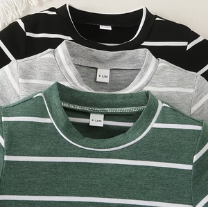 Boys' Summer Fashion Trendy Comfortable Black Gray and Green Striped Round Neck Short Sleeve Shirt 3pcs Set Favorite Photos - Product Image 3